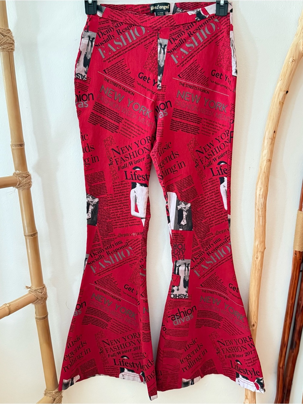 Red New York Fashion Week Newspaper Print Bell Bottom Pants, Sz Medium, Y2K